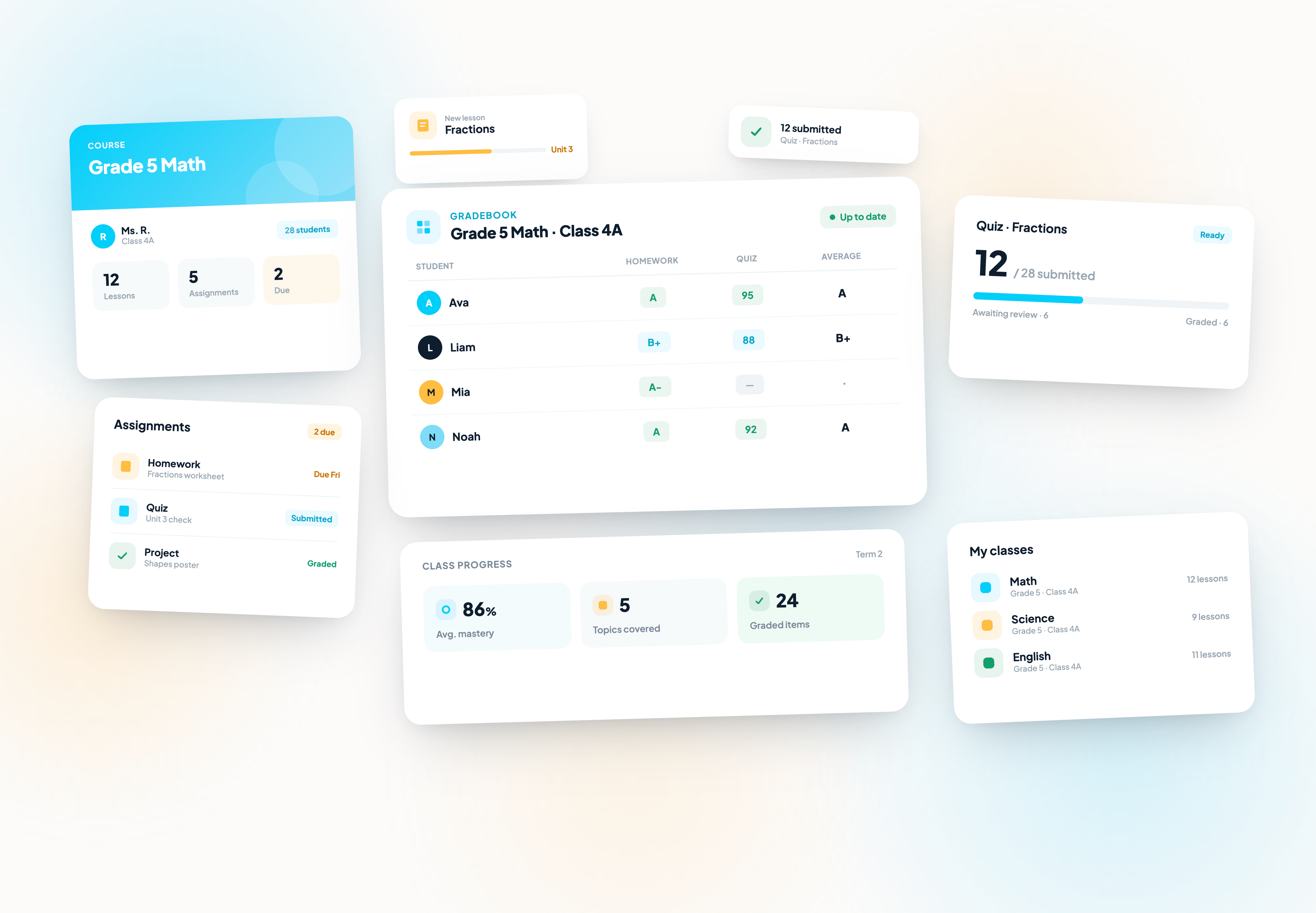 Coligo academic workspace — gradebook, courses, assignments, and class progress